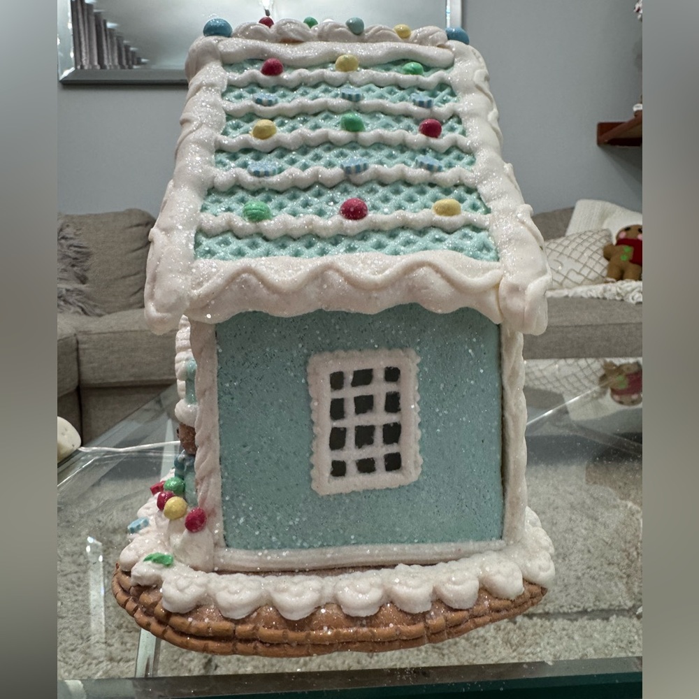 Small Blue Christmas Clay Gingerbread House - Picture 2 of 3
